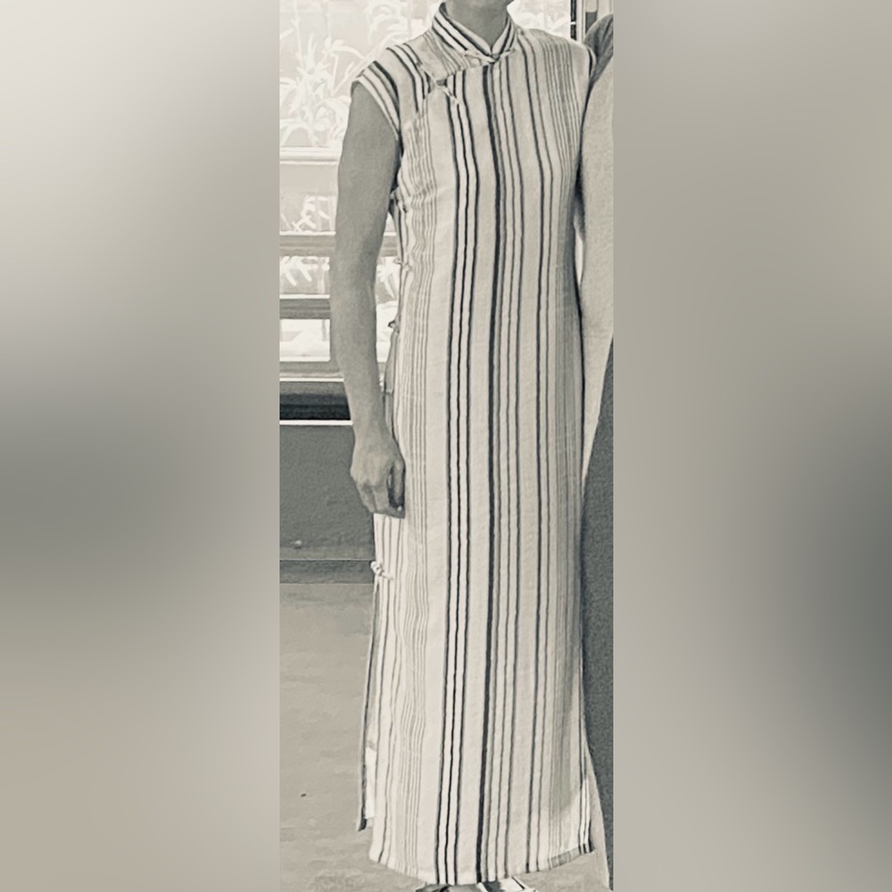 Stunning Qipao midi dress in cream, blue and brown vertical stripe.